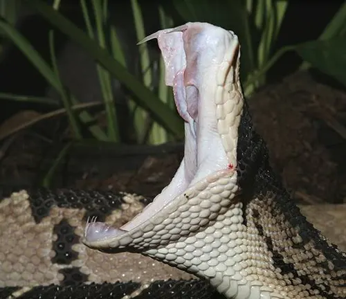 Close up of a Bushmaster snake with its mouth open, showing its fangs