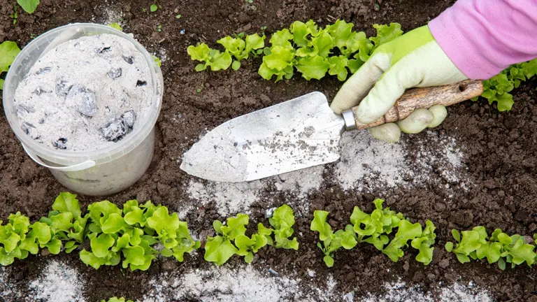 Hand in pink glove planting small lettuce with a trowel in a garden bed with wood stove ashes fertilizer.