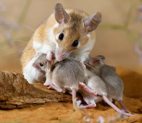A Spiny Mouse caring for its young on a sandy surface