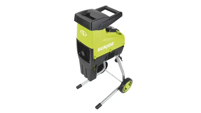 Sun Joe Electric Wood Chipper/Shredder with green and black design, wheels, and handle
