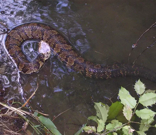 Cottonmouth snake resting in murky water with leaves in foreground