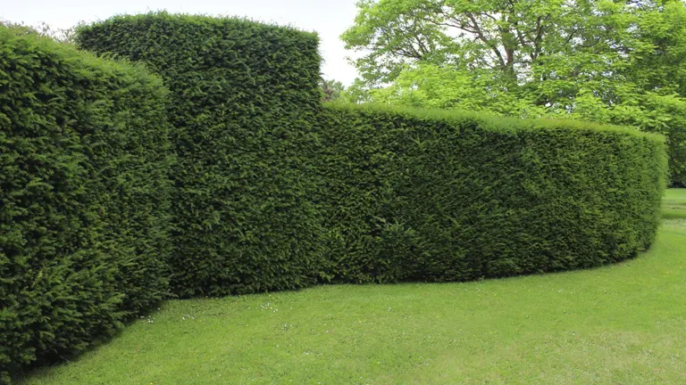 A lush green Yew hedge in a well-maintained garden