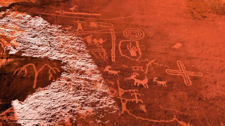 Ancient petroglyphs etched into the vibrant red rocks of Valley of Fire State Park
