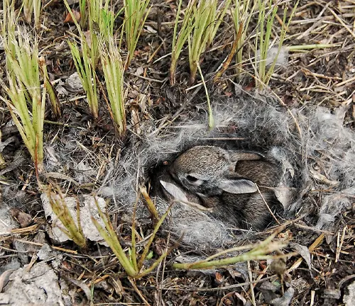 Iberian Hare resting in a natural nest made of fur, surrounded by grass and soil