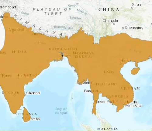 Map highlighting countries in South and East Asia, including India, Bangladesh, Myanmar, Thailand, Laos, Vietnam, Malaysia, and parts of China