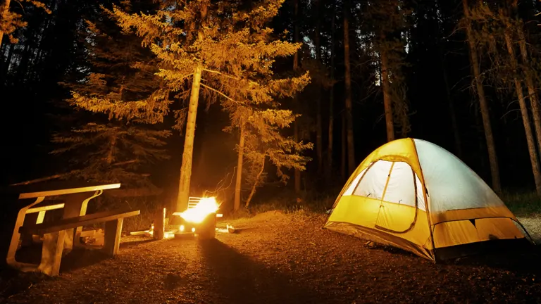 A serene camping scene at White Mountain National Forest with a glowing tent, a crackling fire, and surrounding woods