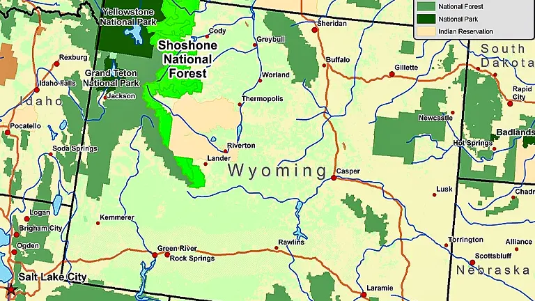 Colorful map highlighting Shoshone National Forest in Wyoming, surrounded by various cities and states