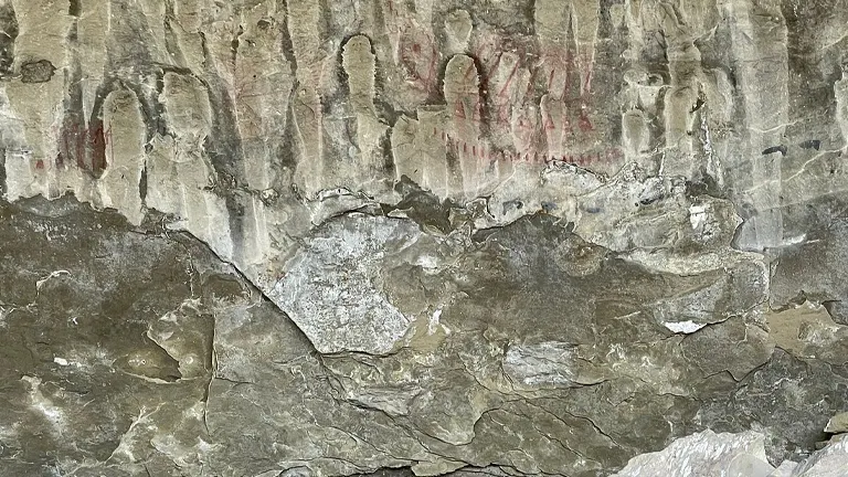 Ancient rock paintings on an uneven, grey rocky surface at Pictograph Cave State Park