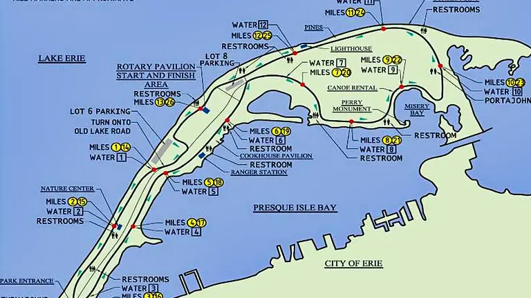 Map of Presque Isle State Park showing trails, landmarks, and amenities