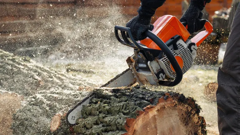 Person using a chainsaw to cut through a large log, demonstrating the tool’s effectiveness and compatibility with the task