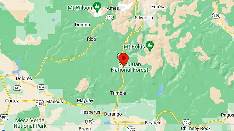 Map highlighting the location of San Juan National Forest with surrounding areas and major roads