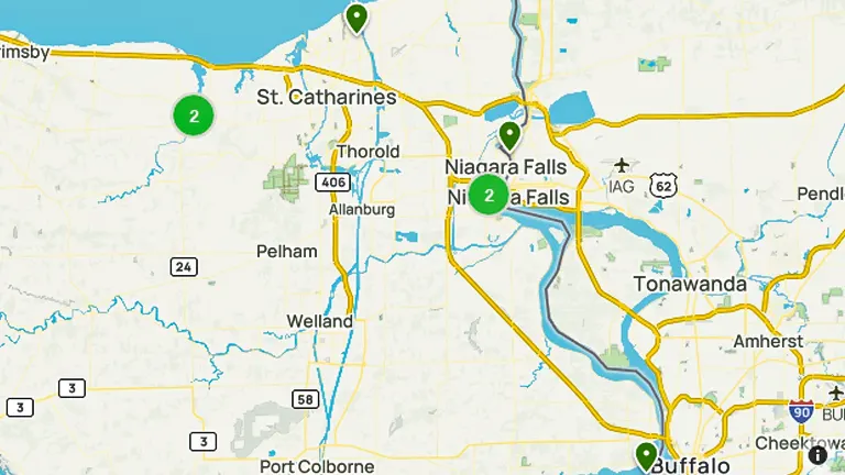Map highlighting Niagara Falls State Park and surrounding areas, including major cities and highways