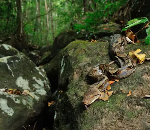 Reticulated Python camouflaged among rocks and leaves in a forest
