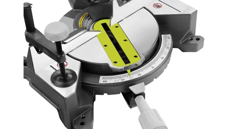 Ryobi TS1144 9 Amp Corded 7-1/4” Compound Miter Saw on a white background with a protractor-like scale