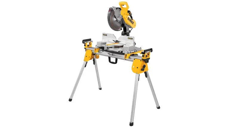 Yellow miter saw with silver blade on stand for accurate cutting