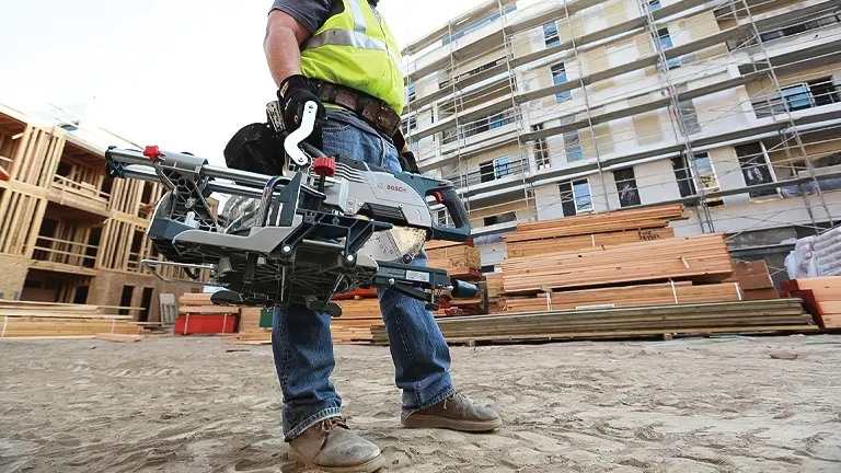 Construction worker carrying a BOSCH CM8S 8-1/2” Single Bevel Sliding Compound Miter Saw at a construction site