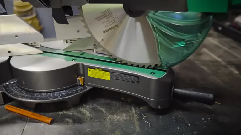 Metabo HPT C12RSH2S 12” Dual-Bevel Sliding Compound Miter Saw with Laser Marker on a wooden workbench in a workshop