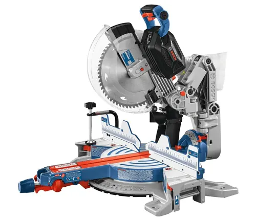 BOSCH PROFACTOR 18V 12” Dual-Bevel Sliding Miter Saw with a blue and grey design, equipped with advanced features for precise cuts