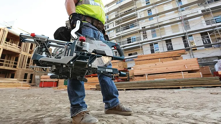 Construction worker holding a BOSCH CM8S 8-1/2” Single-Bevel Sliding Compound Miter Saw at a construction site