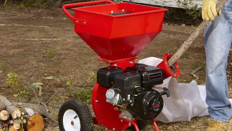 A person using a red Predator 6.5 HP Chipper Shredder to process wood