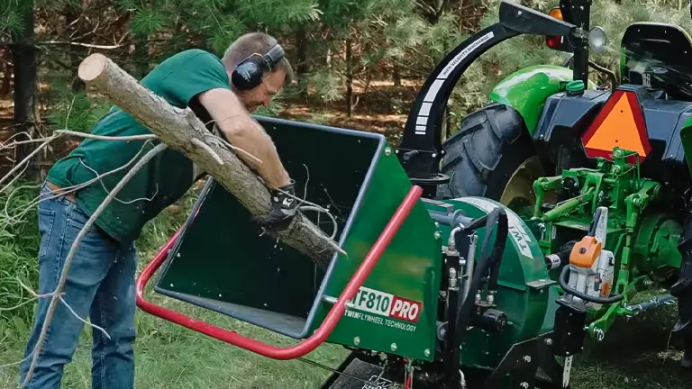 Person in green shirt and blue jeans feeding a large log into a green and red Woodland Mills TF810 PRO PTO Wood Chipper, attached to a tractor, in a forest