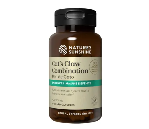 Bottle of Nature’s Sunshine Cat’s Claw Combination capsules for immune defensee
