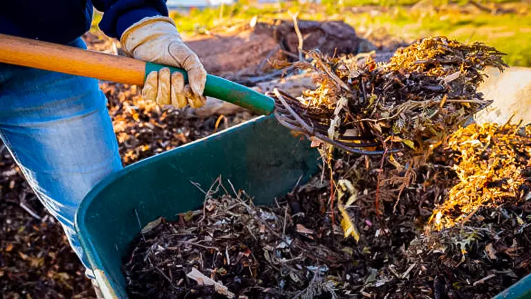 gathering wood chips with a rake into a green wheelbarrow
