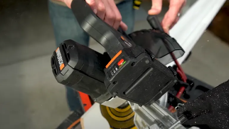 Close-up of WORX WX845L Miter Saw in use