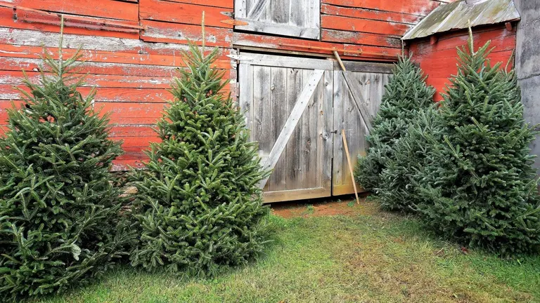 Fir trees in front of a rustic barn