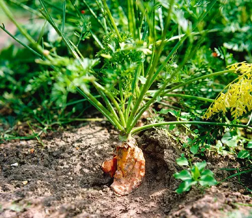 A carrot partially exposed in soil, surrounded by greenery in sunlight