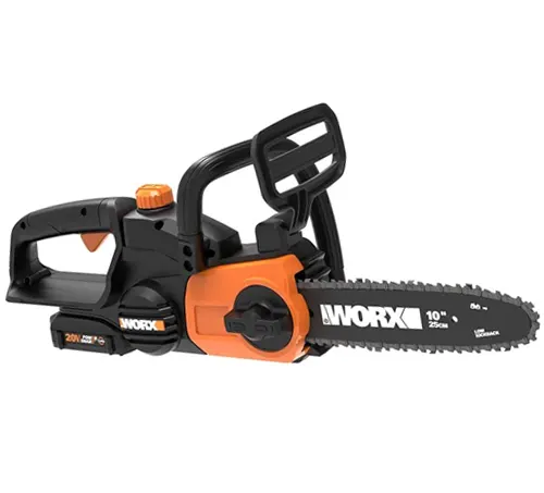 Black and orange Worx WG322 20V Power Share Cordless 10-inch Chainsaw