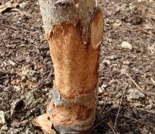 Tree trunk with a significant portion of its bark stripped away, surrounded by small pieces of wood and bark