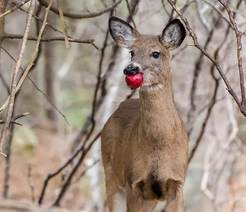 A Muntjac deer in the woods, chewing a red apple