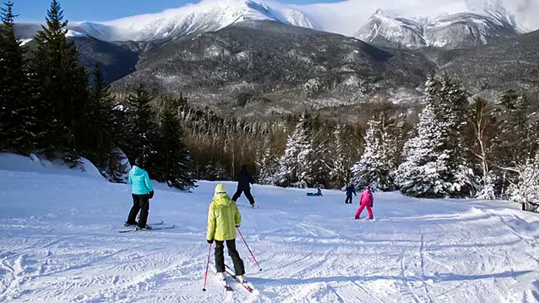 Skiers on a snowy slope with White Mountain National Forest in the background