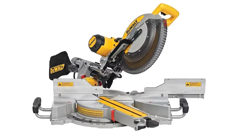 DeWalt yellow and silver miter saw with black dust bag on white background