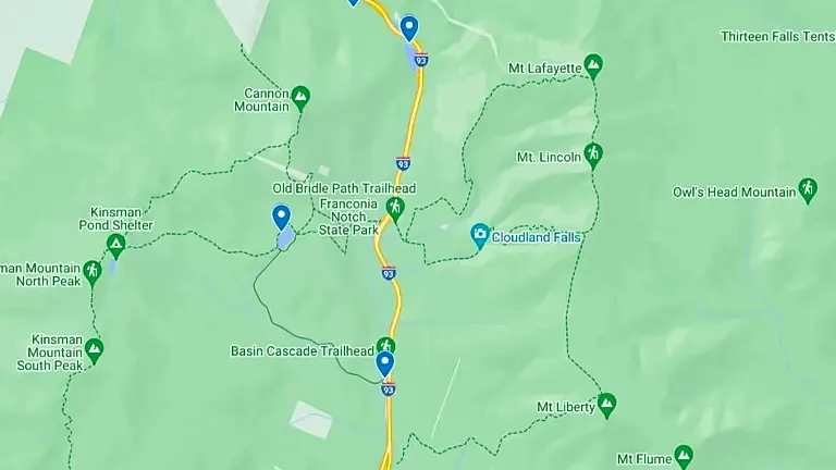 Map of Franconia Notch State Park showing trails, mountains, and landmarks