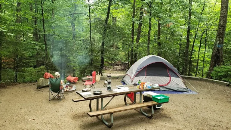 A serene camping site at Franconia Notch State Park with a tent, chairs, and a picnic table amidst lush greenery