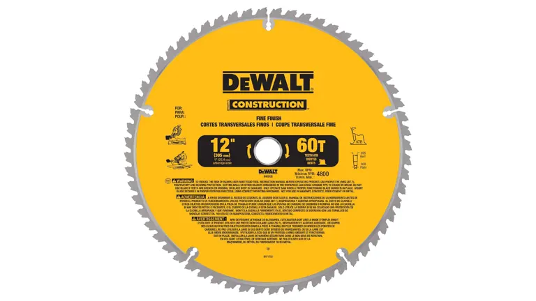 Yellow DeWalt construction saw blade with 60 teeth and a 12 inch diameter