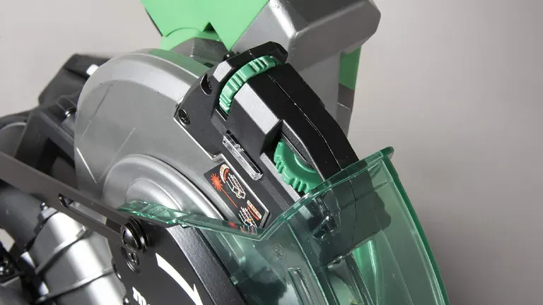 Close up of a Metabo HPT C10FSHCT 10" Dual-Bevel Sliding Compound Miter Saw with Laser