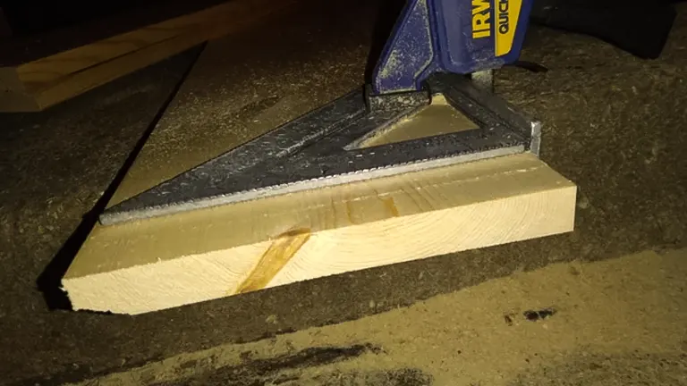 Circular saw cutting through a wooden plank, scattering sawdust