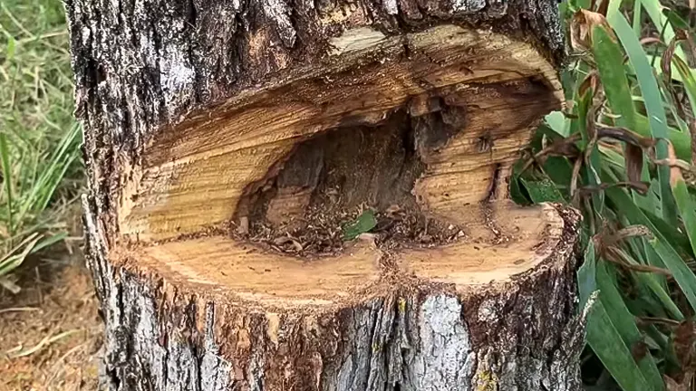 Close-up of a tree trunk with a large notch cut for tree felling
