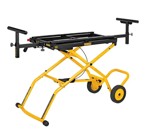 Yellow and black DEWALT Miter Saw Stand with Wheels on a white background