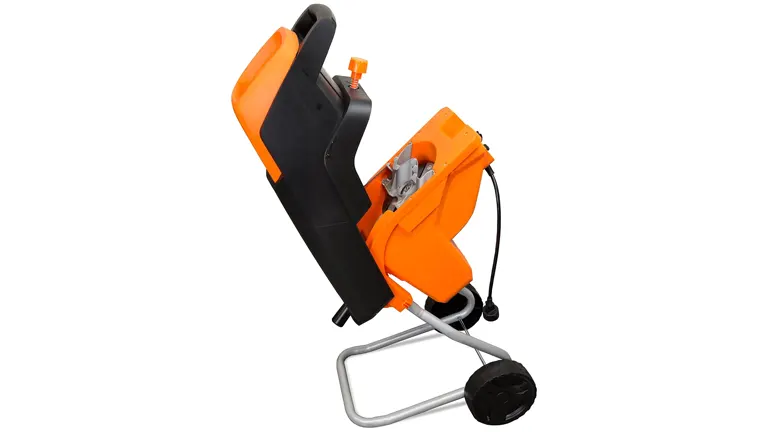 Orange and black WEN 5 Amp Rolling Electric Wood Chipper and Shredder with a large hopper and control handle