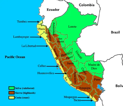 Colorful map of Peru showing its regions and neighboring countrie