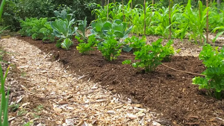 a garden with various types of plants growing, with wood chips spread on the ground between the rows of plants, serving as mulch