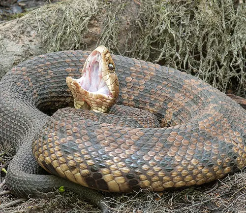 Close up of coiled Eastern Cottonmouth snake with open mouth on moss and rocks