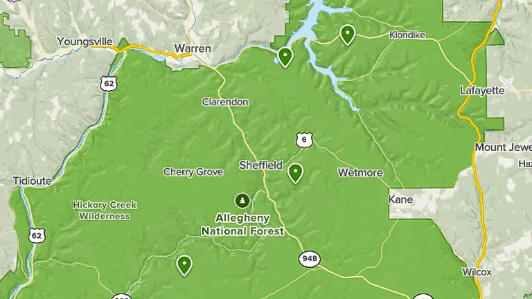 Map of Allegheny National Forest with labeled surrounding areas and major roads