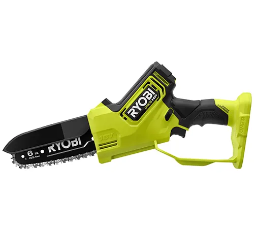 Black and green Ryobi 18V ONE+ HP 6" Compact Brushless Pruning Chainsaw