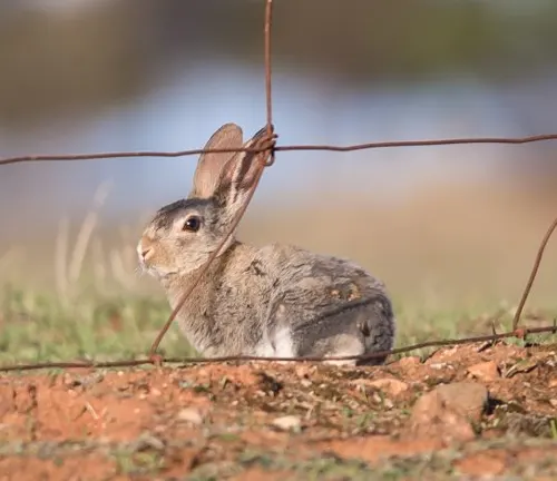 Alert European Rabbit sitting on brown earth in a green outdoor setting