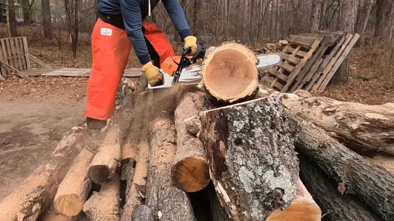 outdoor scene where a person, wearing safety gear, is cutting through a large log with a Stihl MS 500i chainsaw